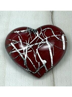 2" Red Heart Shaped Hand Blown Art Glass PAPERWEIGHT Silver Ribbons Valentines